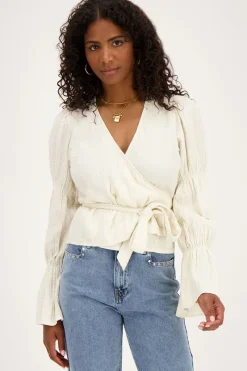My Jewellery Blouse à Manches Larges Et Nœud Beige New
