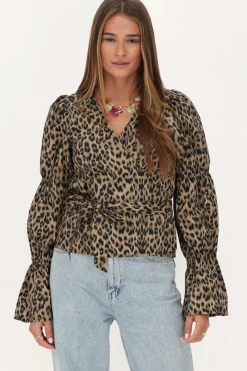 My Jewellery Blouse Cache-cœur Beige à Imprimé Léopard Et Manches Bouffantes Online