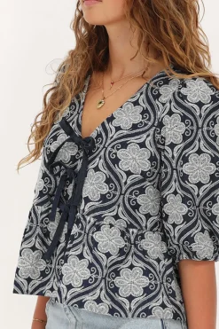 My Jewellery Blouse En Chambray Bleu Avec Broderie Florale Sale