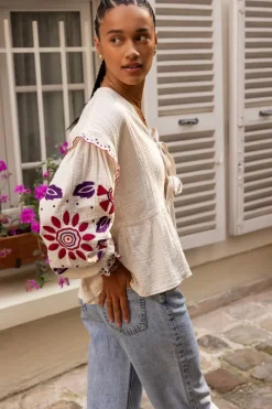 My Jewellery Blouse En Mousseline Blanche Avec Broderies Et Nœuds Blanc/Violet Online