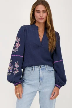 My Jewellery Blouse En Mousseline Avec Broderie Bleu foncé Online
