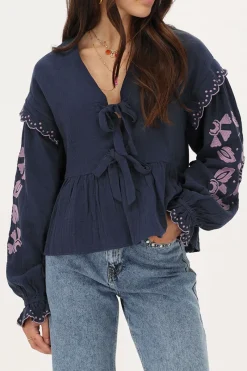My Jewellery Blouse En Mousseline Bleu Foncé Avec Broderies Et Nœuds Violet/Bleu foncé Hot
