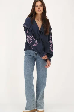 My Jewellery Blouse En Mousseline Bleu Foncé Avec Broderies Et Nœuds Violet/Bleu foncé Hot