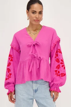 My Jewellery Blouse En Mousseline Rose Avec Broderies Et Nœuds Rouge/Rose Best
