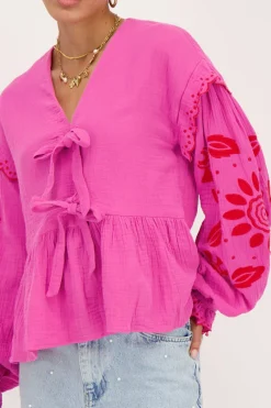 My Jewellery Blouse En Mousseline Rose Avec Broderies Et Nœuds Rouge/Rose Best