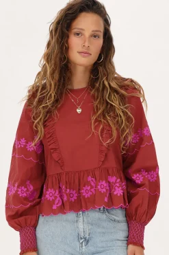 My Jewellery Blouse Marron Rouille Avec Broderie Fuchsia Rouille/Rouge foncé/Marron Best
