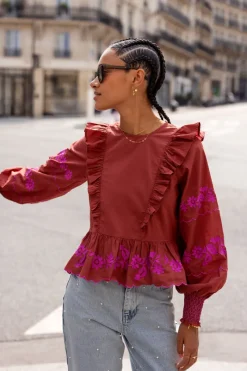 My Jewellery Blouse Marron Rouille Avec Broderie Fuchsia Rouille/Rouge foncé/Marron Best