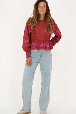 My Jewellery Blouse Marron Rouille Avec Broderie Fuchsia Rouille/Rouge foncé/Marron Best