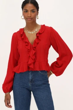 My Jewellery Blouse Avec Volants Et Boutons Rouge Discount