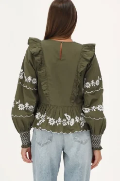 My Jewellery Blouse Vert Foncé Avec Broderie Blanche Vert/Vert foncé Discount