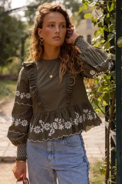 My Jewellery Blouse Vert Foncé Avec Broderie Blanche Vert/Vert foncé Discount