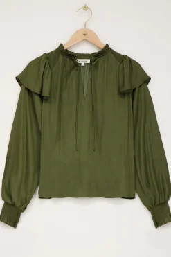 My Jewellery Blouse Verte Satinée à Volants Vert/Vert foncé Clearance