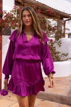 My Jewellery Blouse te à Volants Aspect Satiné Violet Best