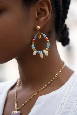 My Jewellery Boucle D'oreille Art Avec Perles Bleues Et Coquillages Discount