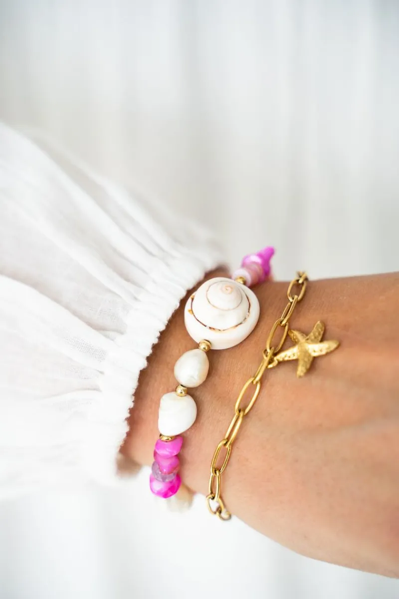 My Jewellery Bracelet En Perles Roses Et Coquillage Clearance