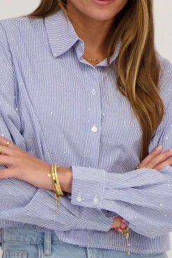 My Jewellery Chemise Courte Rayée Bleu Et Blanc Avec Strass Fashion
