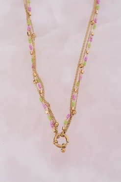 My Jewellery Collier Triple Avec Perles Vertes Et Roses Fashion