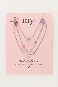 My Jewellery Collier Triple Avec Perles Roses Et Violettes Outlet