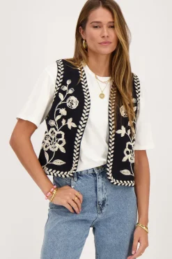 My Jewellery Gilet Noir Avec Broderie Crème Discount