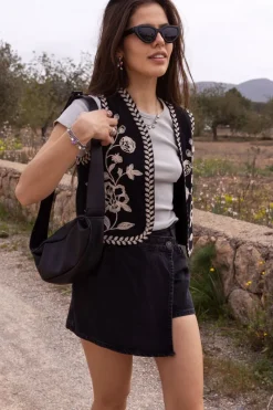 My Jewellery Gilet Noir Avec Broderie Crème Discount