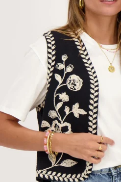 My Jewellery Gilet Noir Avec Broderie Crème Discount
