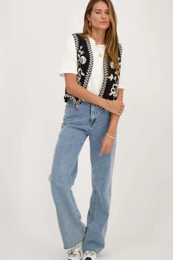 My Jewellery Gilet Noir Avec Broderie Crème Discount