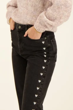 My Jewellery Jeans Noir à Fentes Et Coeurs Brodés New