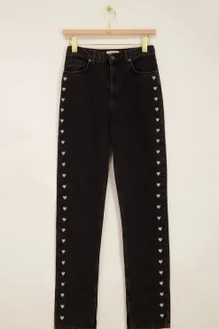 My Jewellery Jeans Noir à Fentes Et Coeurs Brodés New