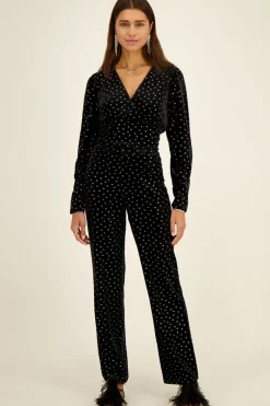 My Jewellery Pantalon En Velours Noir Et Fleurs Argentées Sale