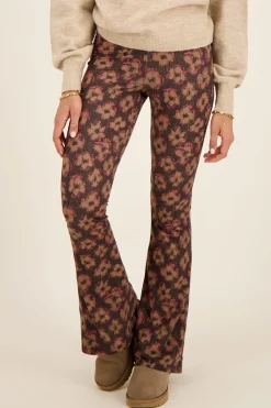 My Jewellery Pantalon Flared Noir à Imprimé Floral Marron Et Rose New