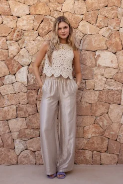 My Jewellery Pantalon Large Beige Satiné New