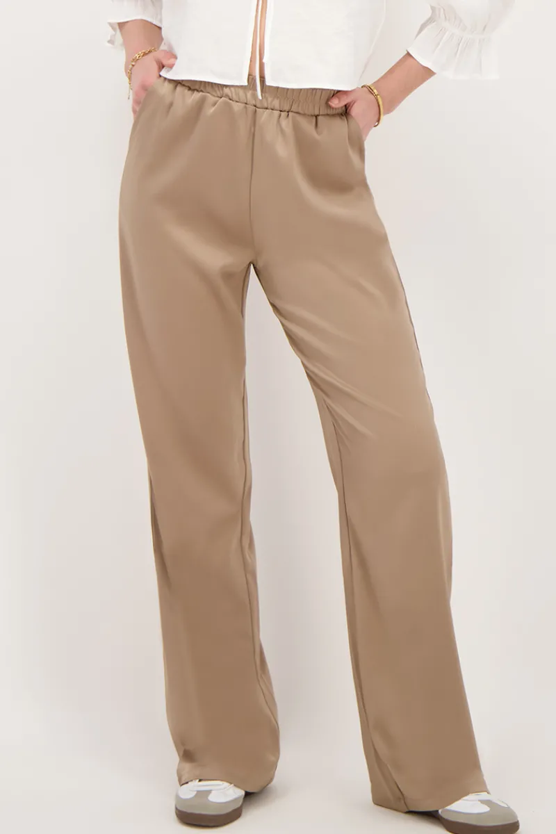 My Jewellery Pantalon Large En Satin Avec Ceinture élastiquée Beige New