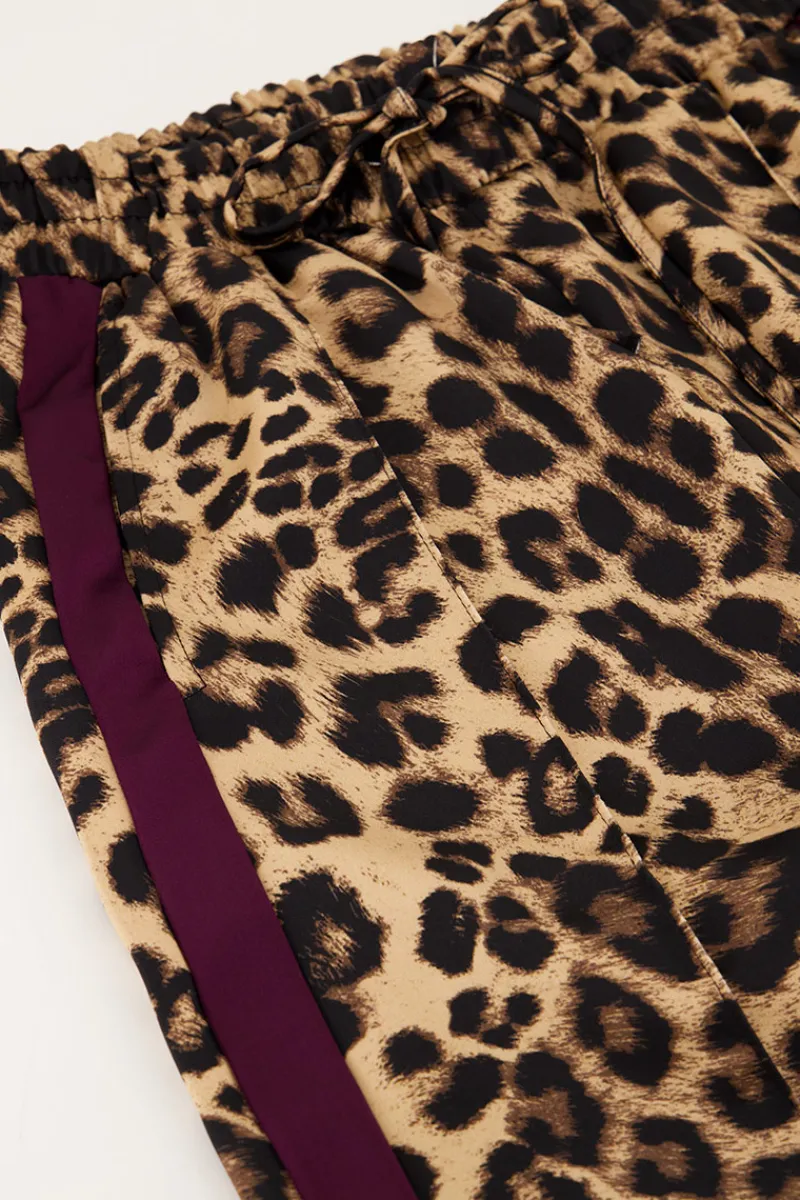 My Jewellery Pantalon Large En Satin Imprimé Léopard Avec Ruban Violet Marron Online