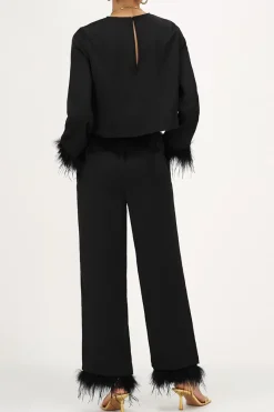 My Jewellery Pantalon Large Satiné Noir Avec Plumes Best
