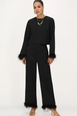 My Jewellery Pantalon Large Satiné Noir Avec Plumes Best