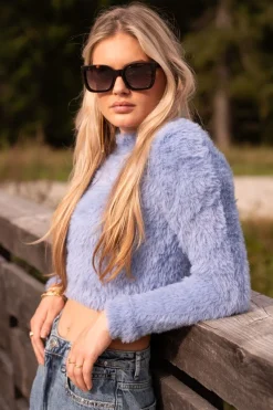 My Jewellery Pull Court En Maille Duveteuse Bleu Fashion