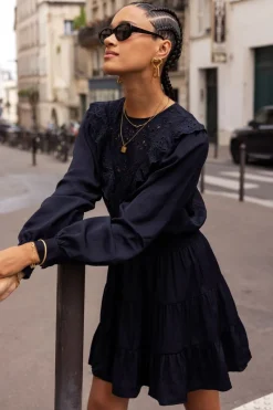 My Jewellery Robe Bleu Foncé Avec Broderies Et Volants Fashion