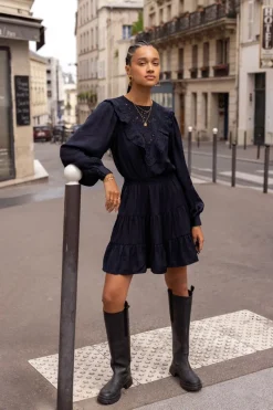 My Jewellery Robe Bleu Foncé Avec Broderies Et Volants Fashion