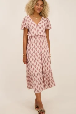 My Jewellery Robe Midi Rose Avec Col En V Profond Et Imprimé Online