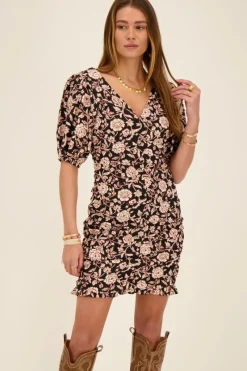 My Jewellery Robe Noire Et Beige Fleurie Col V Best
