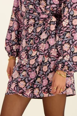 My Jewellery Robe Portefeuille Noire à Fleurs Lilas Et Roses Clearance