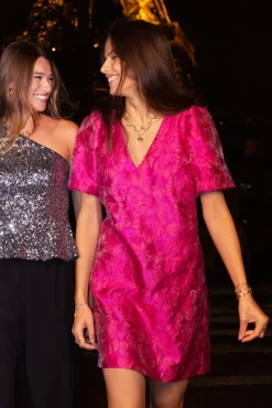 My Jewellery Robe Rose Avec Jacquard Et Manches Bouffantes New