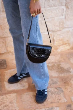 My Jewellery Sac Bandoulière Demi-lune Noir Effet Croco Clearance