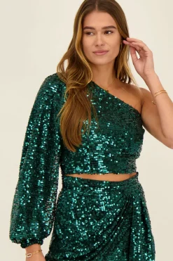 My Jewellery Top Asymétrique à Manche Longue Vert Avec Sequins Clearance
