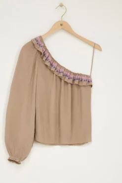 My Jewellery Top Asymétrique à Manche Longue Avec Broderie Multicolore Beige Sale