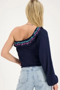 My Jewellery Top Asymétrique à Manche Longue Bleu Foncé Avec Broderies Multicolores Bleu foncé/Bleu Sale