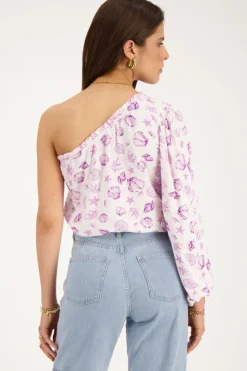 My Jewellery Top Asymétrique à Manche Longue Blanc Avec Imprimé Marin Violet Discount