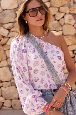 My Jewellery Top Asymétrique à Manche Longue Blanc Avec Imprimé Marin Violet Discount
