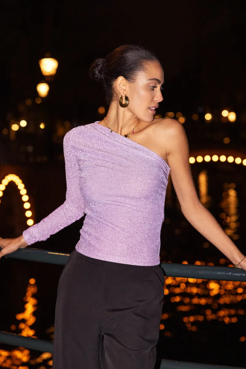 My Jewellery Top Asymétrique à Manche Longue Lilas En Lurex Violet clair Hot