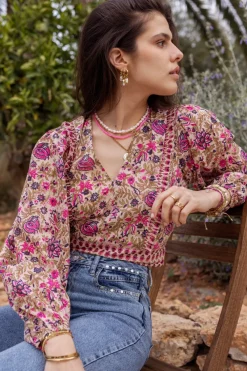 My Jewellery Top Beige à Imprimé Fleuri Vert Et Rose Rose/Beige Fashion